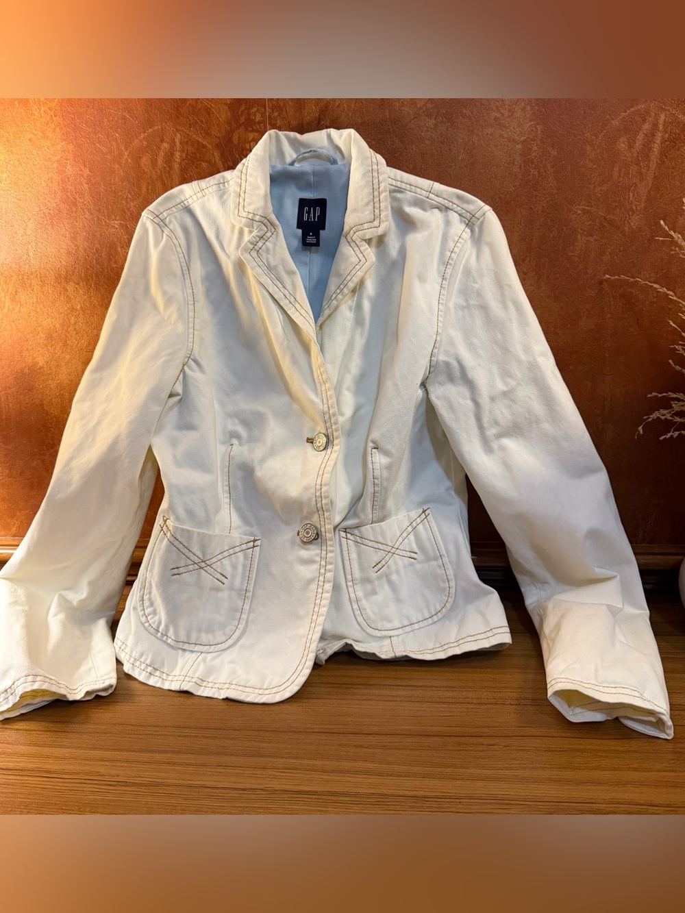 VTG Y2K Gap Womens White Denim Blazer Jacket Contrast Stitch Size 8